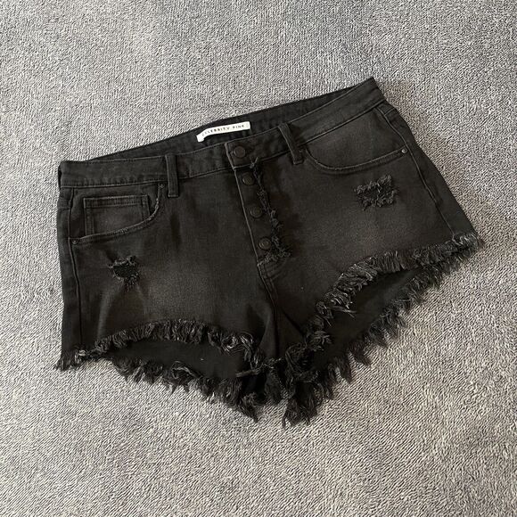 CELEBRITY PINK The Sugar Mid-Rise Frayed Denim Shorts - Black 17/33 Button Fly - Picture 1 of 6